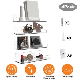4 Pack 15In Clear Acrylic Floating Shelves Bookshelves with 2 Mounting Ways Wall Mounted Organizer for Kitchen Bathroom Study Living Room Bedroom
