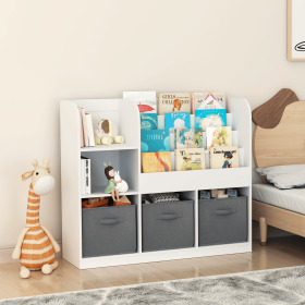 Kids Bookcase and Bookshelf, Multifunctional Bookcase with 3 Collapsible Fabric Drawers, Bookcase Display Stand, Toy Storage Organizer for Bedroo (Color: White+gray, Material: Fabric,MDF)