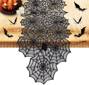 Halloween Decoration Table Runner with 12 Pack 3D Bats, Spider Web Black Lace Table Runner for Kitchen Dinner Table (Color: 13 X 72 Inch)