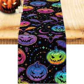 Halloween Decoration Table Runner with 12 Pack 3D Bats, Spider Web Black Lace Table Runner for Kitchen Dinner Table (Color: Colorful Pumpkins)