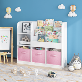 Kids Bookcase and Bookshelf, Multifunctional Bookcase with 3 Collapsible Fabric Drawers, Bookcase Display Stand, Toy Storage Organizer for Bedroo (Color: White+Pink, Material: Fabric,MDF)